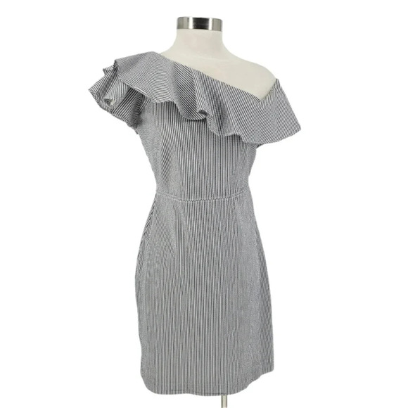 Banana Republic Sheath Dress Seersucker Striped Ruffle One Shoulder Sundress - Picture 1 of 7